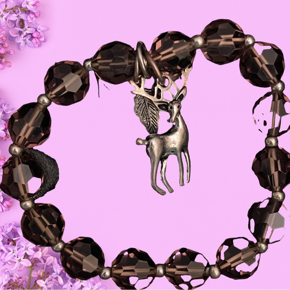 NEW Purple Glass Faceted Bead Bracelet w Silver Reindeer Charm Christmas GIFT